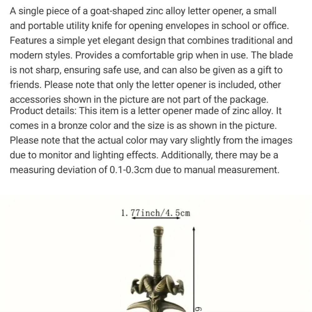 Bronze sword letter opener ram head dagger stationary